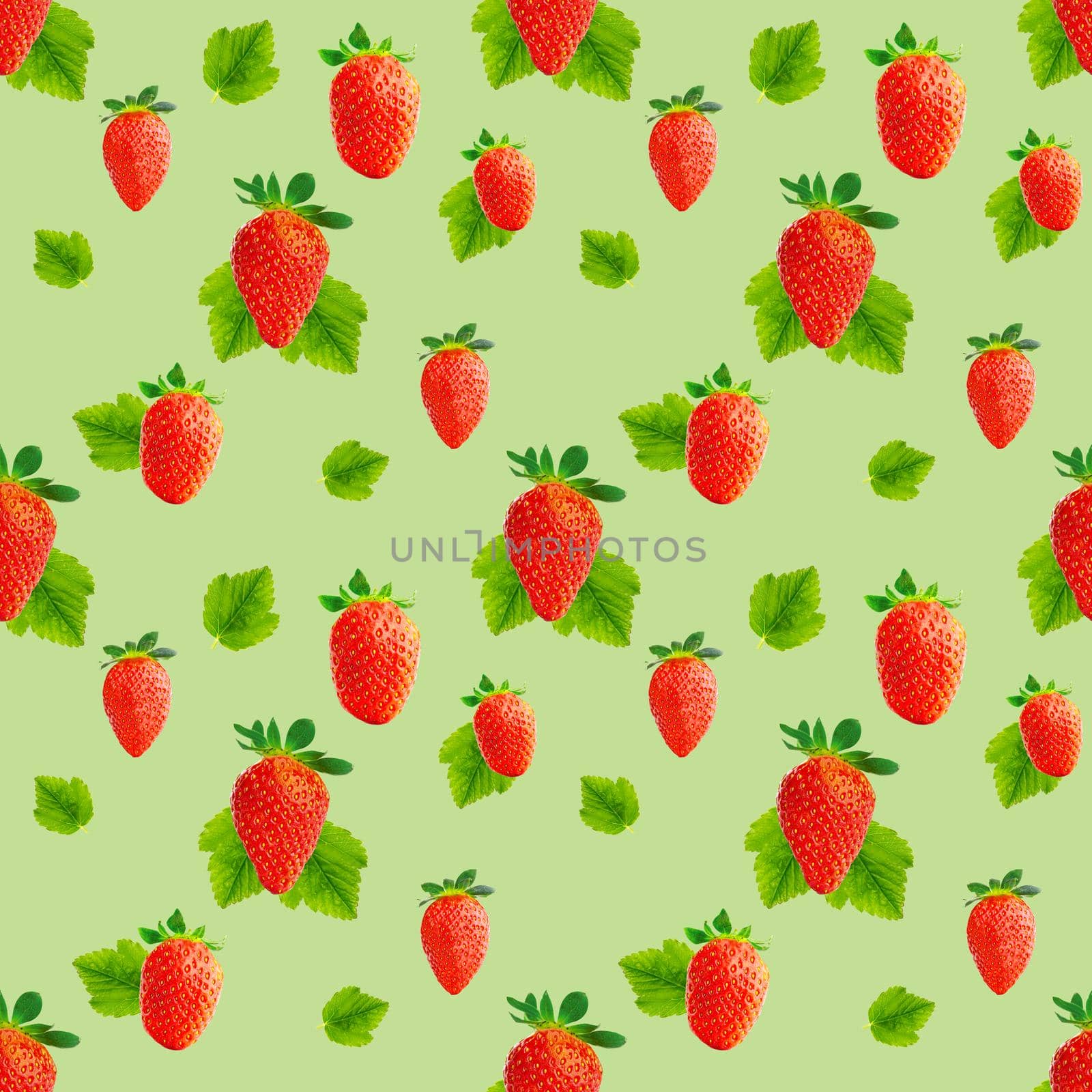 Fresh strawberry seamless pattern. Ripe strawberries isolated on green. Package design background. Falling strawberry selective focus.