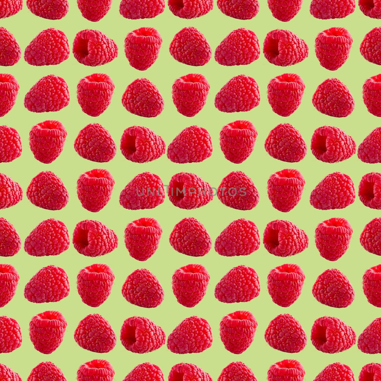 Seamless pattern with ripe raspberry. Berries abstract background. Raspberry pattern for package design with green background.