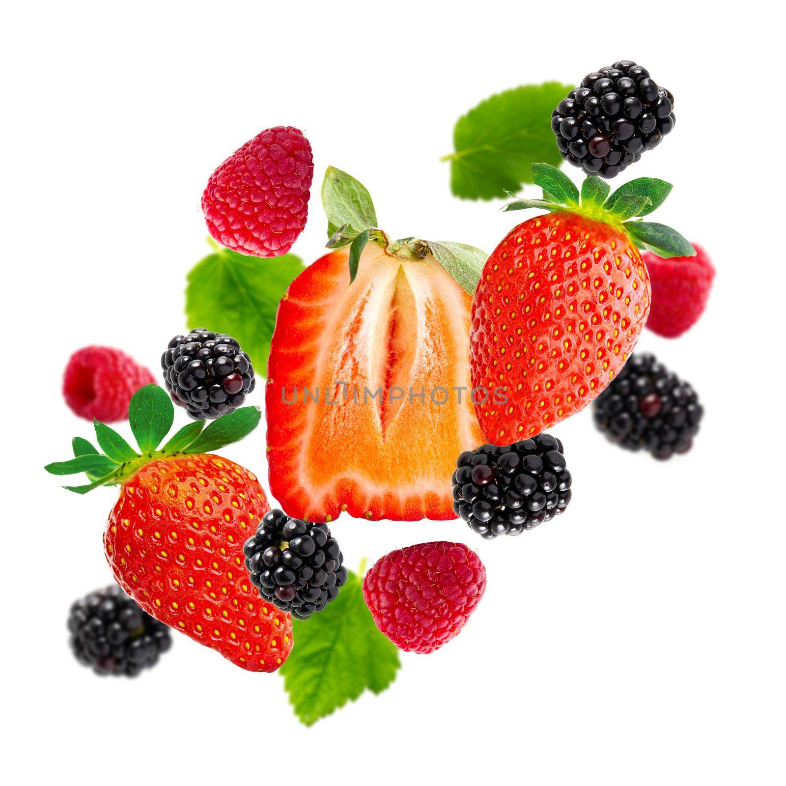 Summer Berries on white background. Strawberry, blueberry, raspberry, blackberry. summer background ripe juicy berries