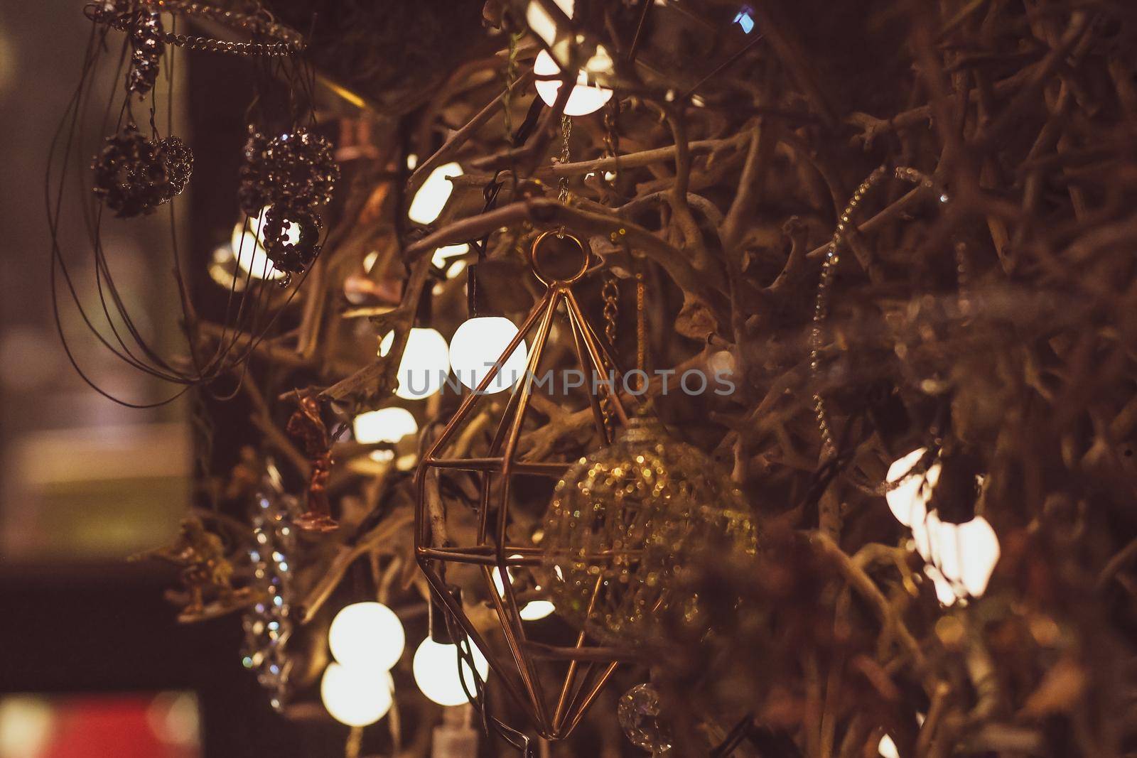 Light bulb decor in party . abstract christmas tree in golden ligh