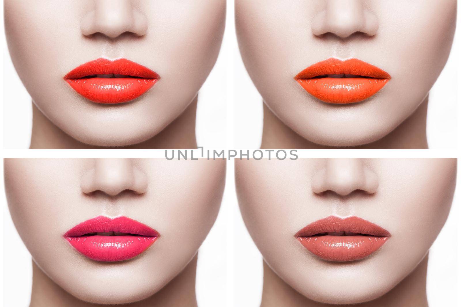Closeup set of woman lips with different red color of lipstick. by Khosro1