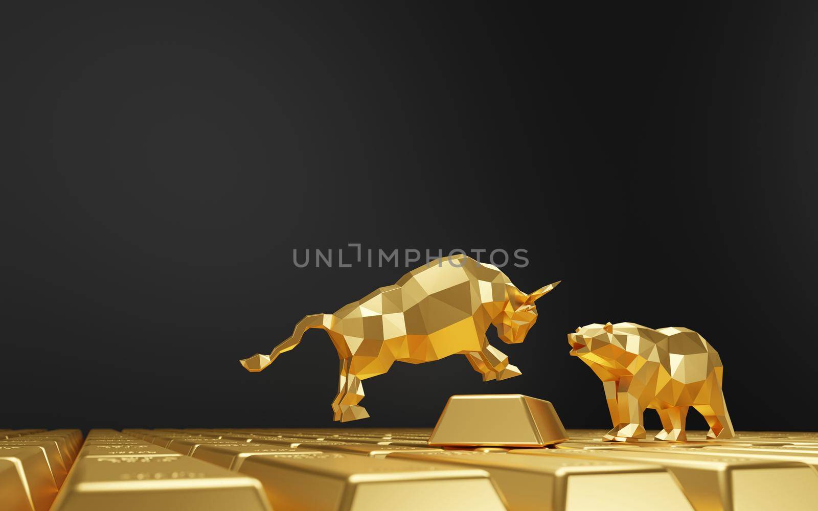 Bull and bear on gold bars with copy space 3D Render by Myimagine