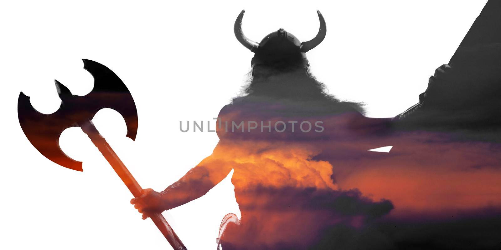 Double exposure portrait of a strong viking on ship with helmet and sword on sunset isolated on white background..