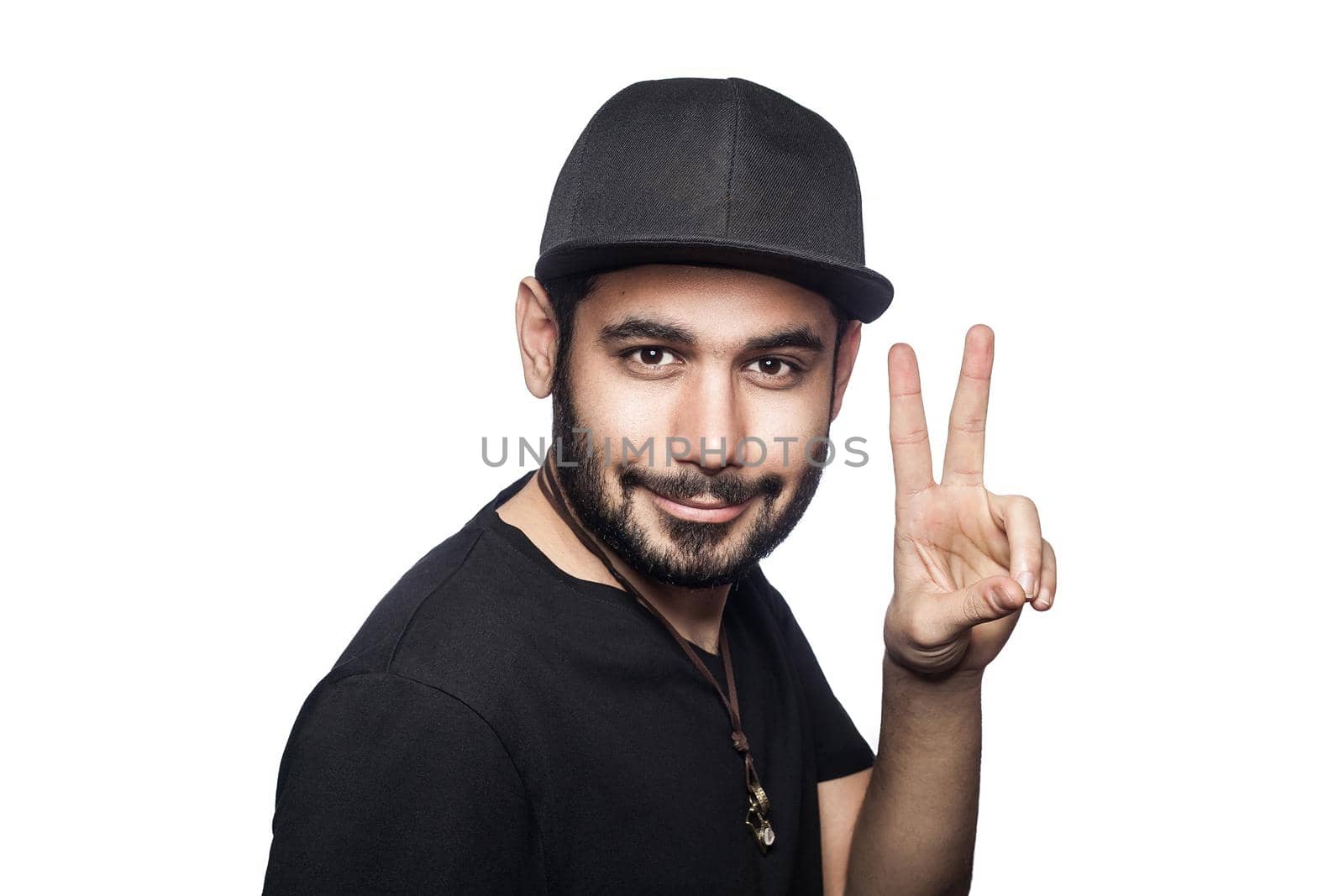 emotional man in black shirt and cap on white background by Khosro1