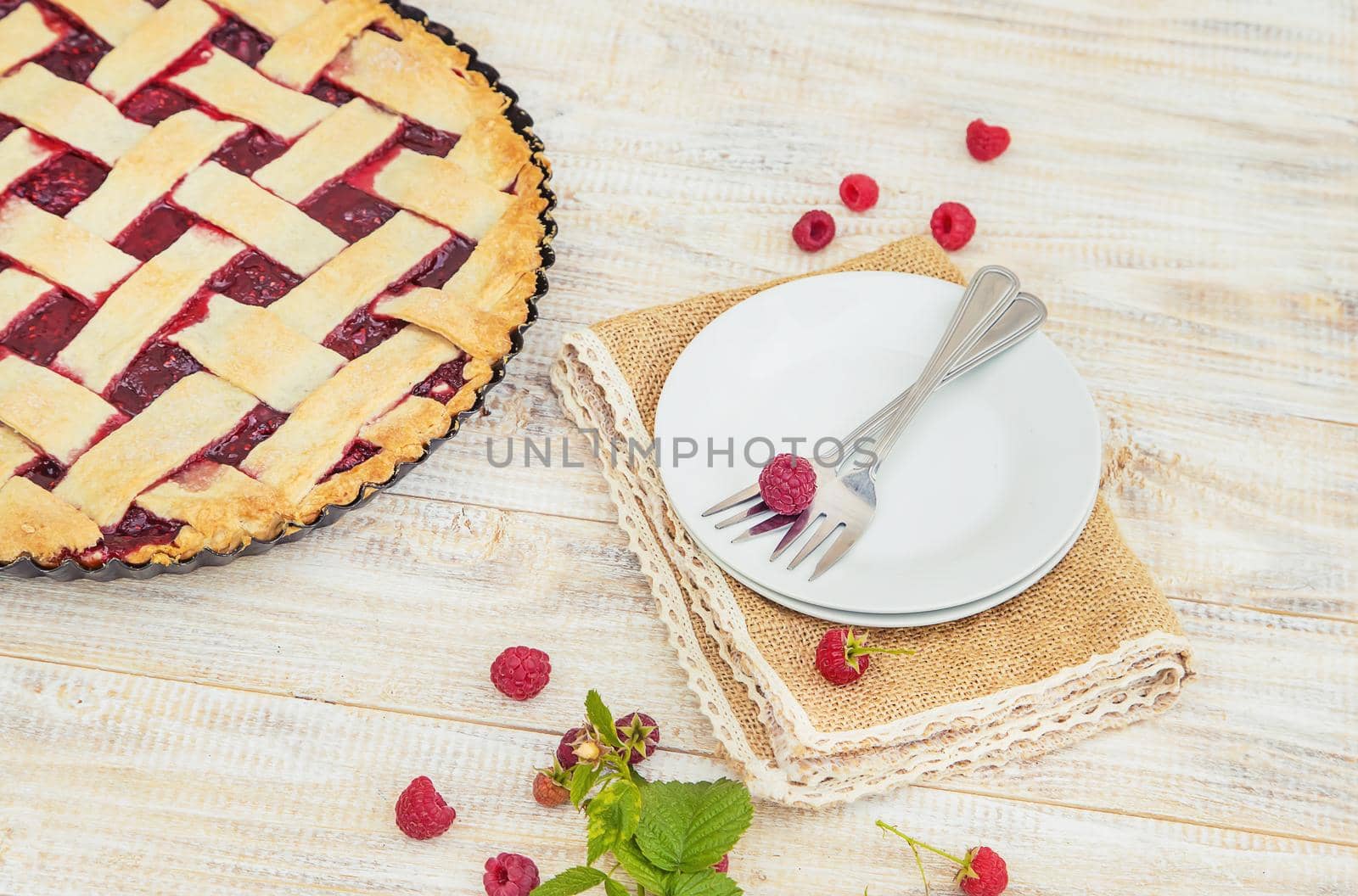 Raspberry pie on the table. Selective focus. food.