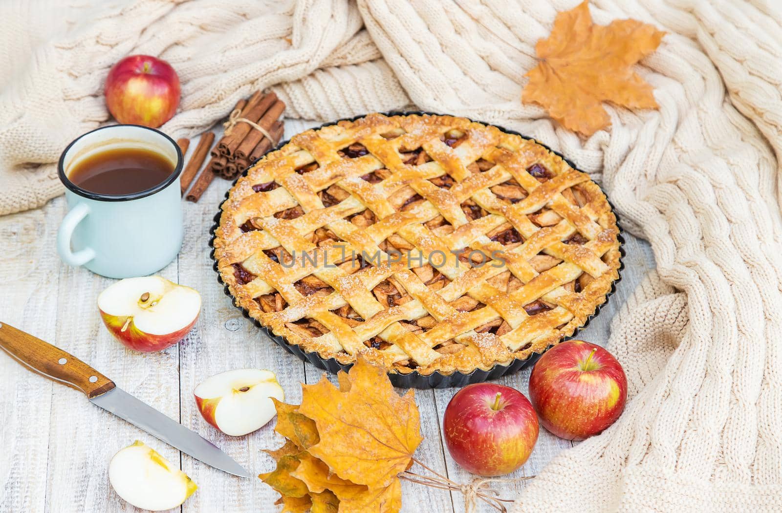 Pie with apples and cinnamon. Selective focus. Food.
