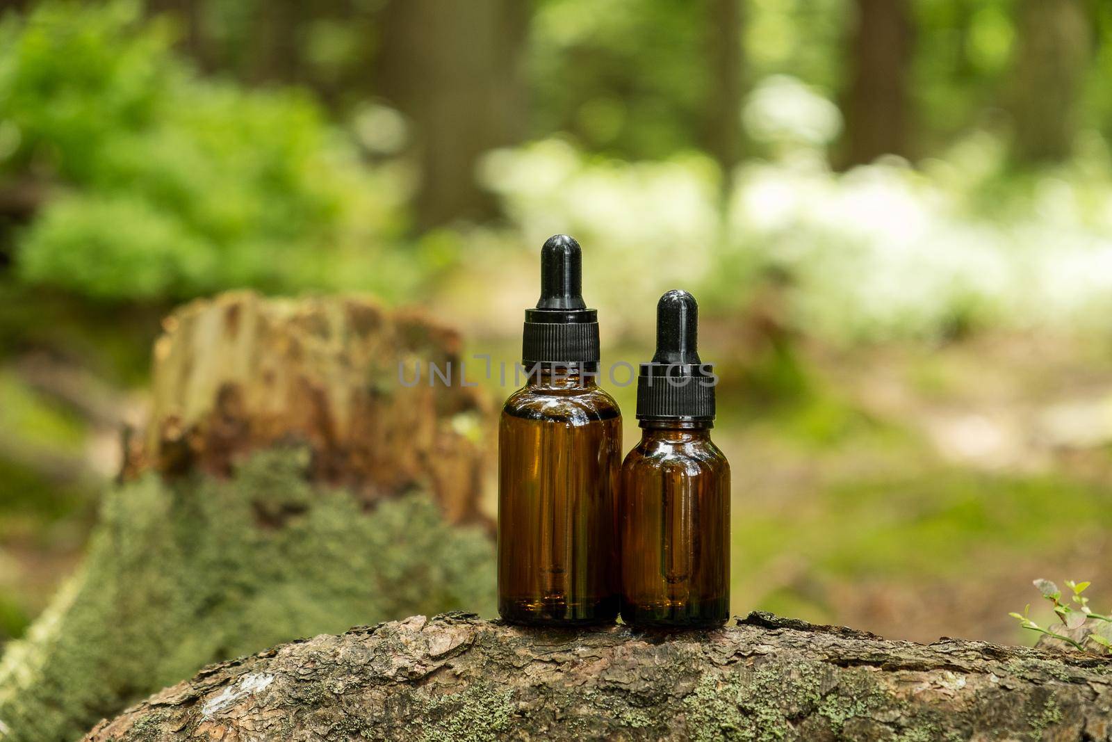 Two glass brown cosmetic containers with pipette are placed against backdrop of a natural forest. Concept of natural organic cosmetics, skin health. Selective focus..