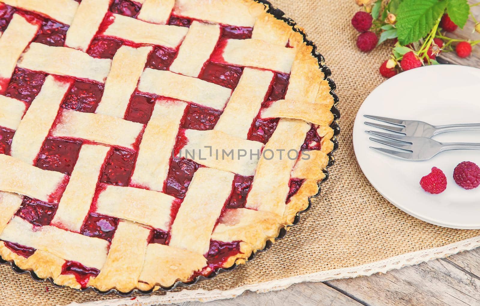 Raspberry pie on the table. Selective focus. food.