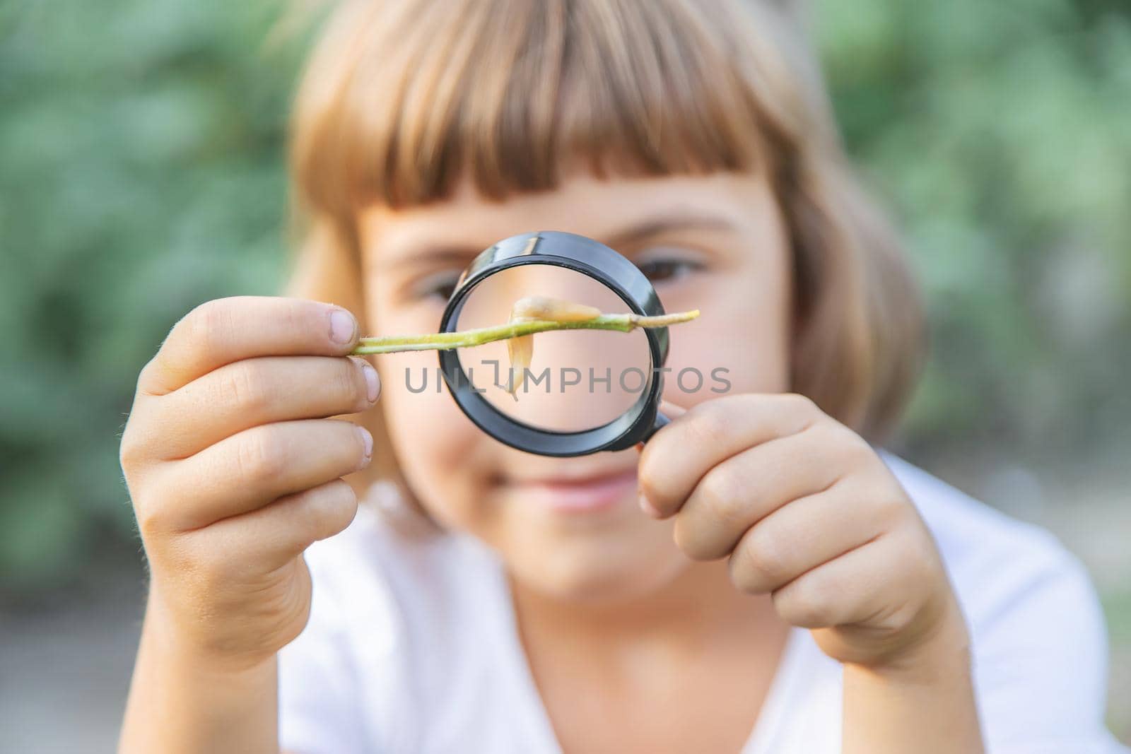 Child with a magnifying glass in his hands. Selective focus.