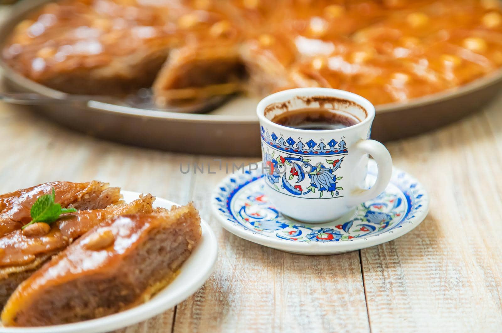 Turkish coffee and baklava on the table. Selective focus. nature.