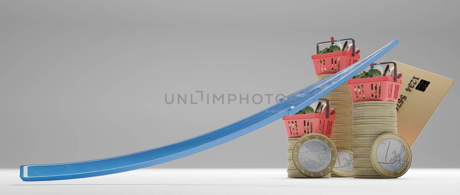 Rising food cost and grocery prices surging costs of supermarket groceries as an inflation financial crisis concept hit by as a finance graph arrow. 3D render elements