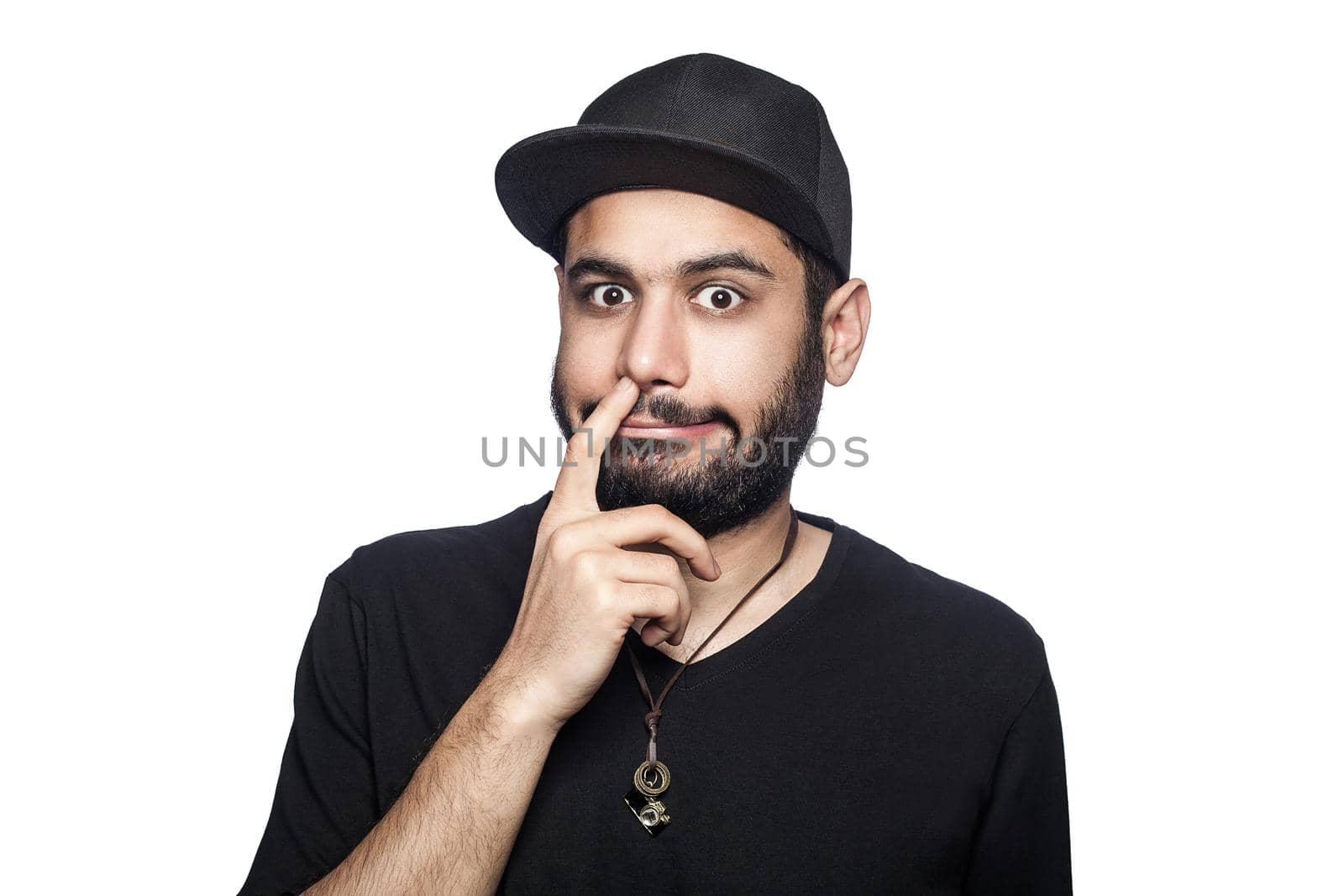 emotional man in black shirt and cap on white background by Khosro1