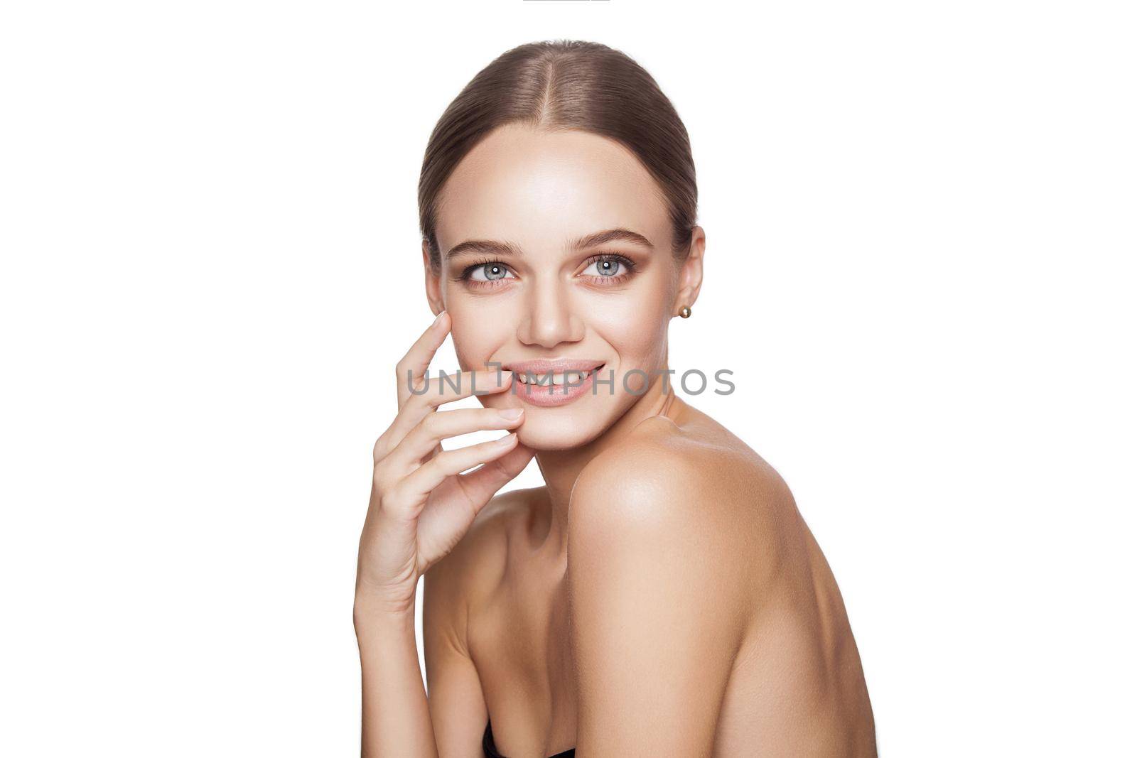 portrait of beautiful model with good skin on white background.