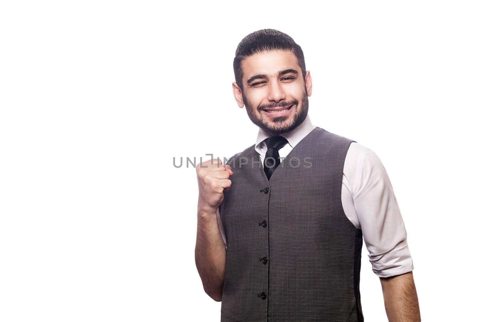 Emotional man in suit on white isolated background. by Khosro1