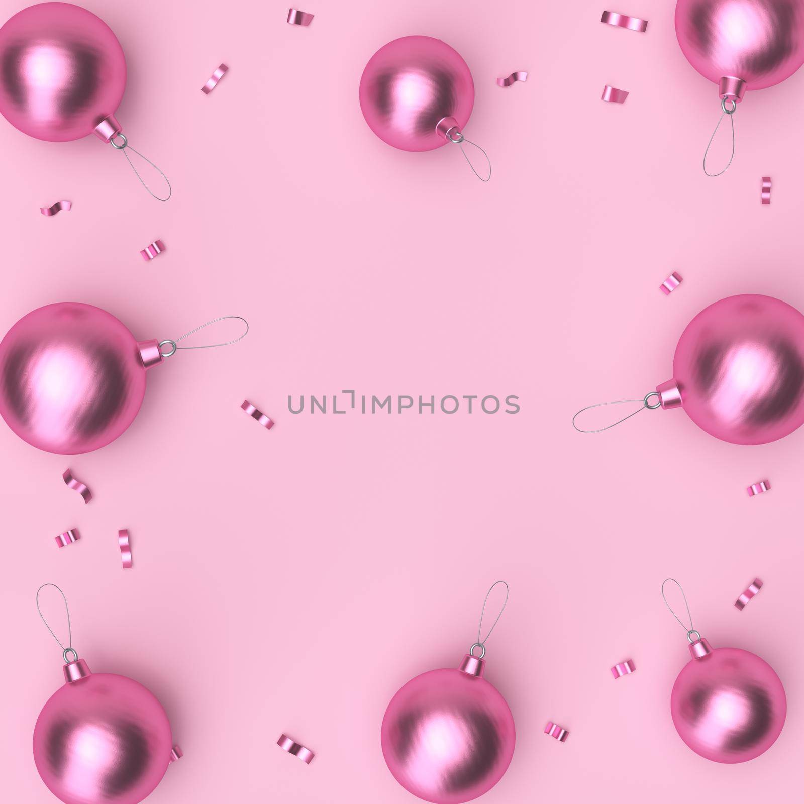 Christmas balls and confetti on pink studio background with copy text space perfect for poster and advertising. 3D Rendering