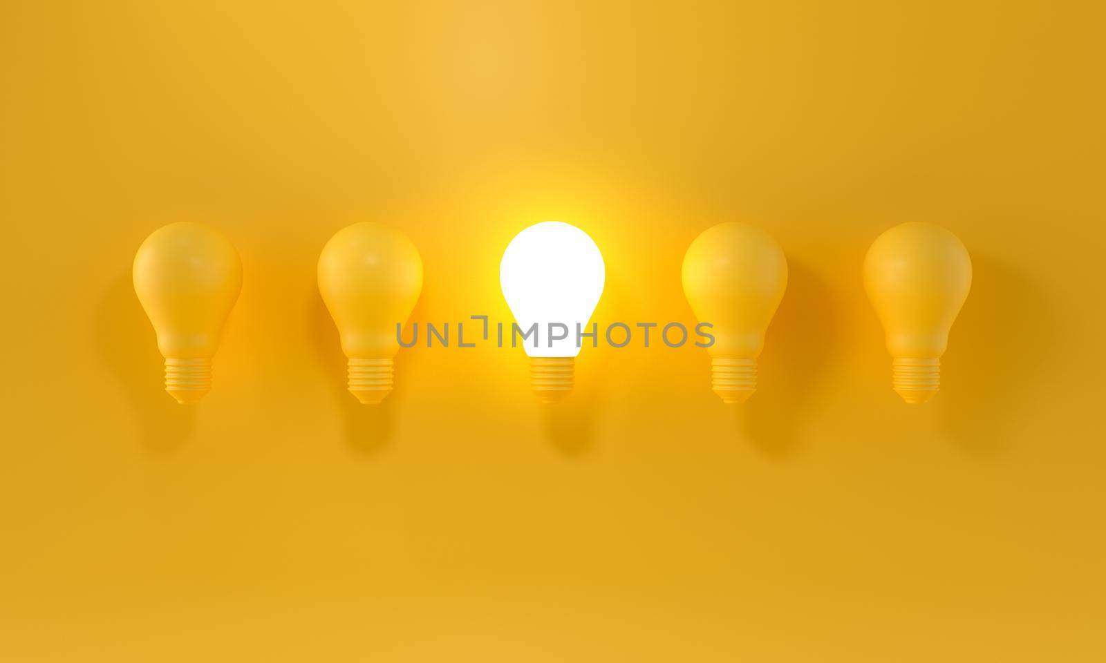 Glowing Light Bulb between the others on yellow light background. Leadership, innovation, great idea and individuality concepts. 3d rendering.