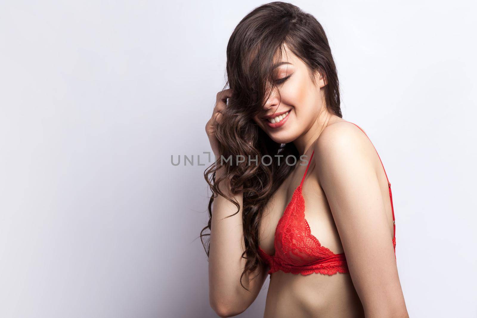 Happiness sensuality model toothy smile and closed eyes by Khosro1