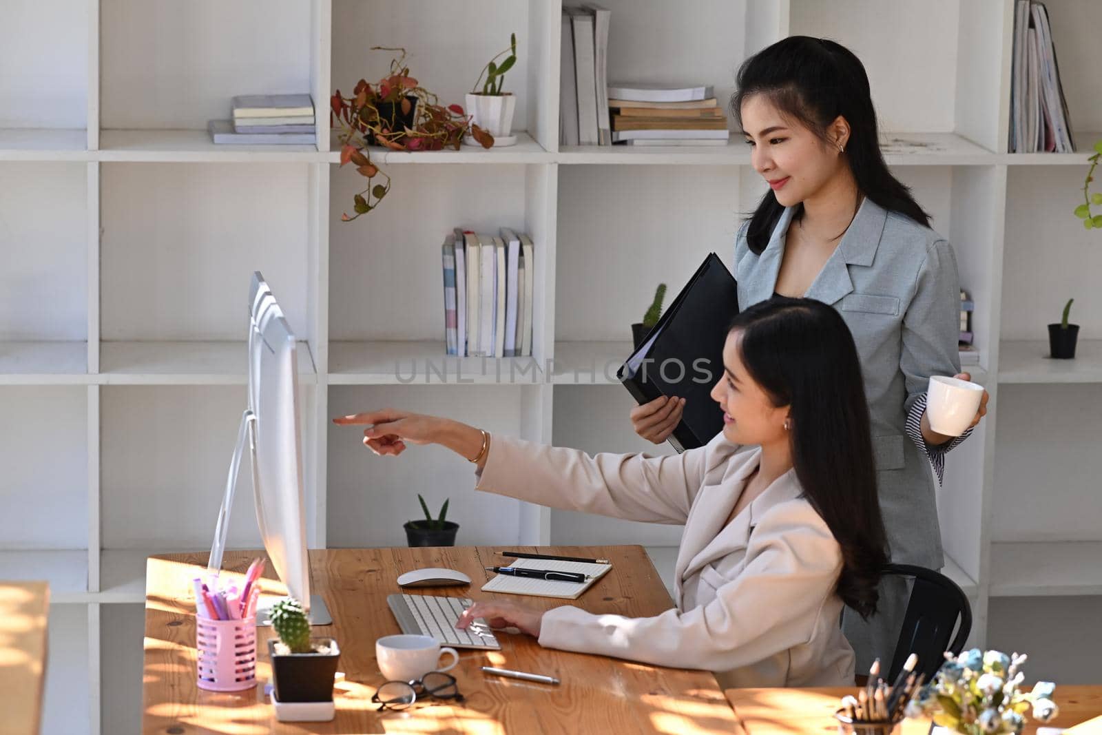 Businesswoman pointing on screen of computer and explaining business information to her colleague.