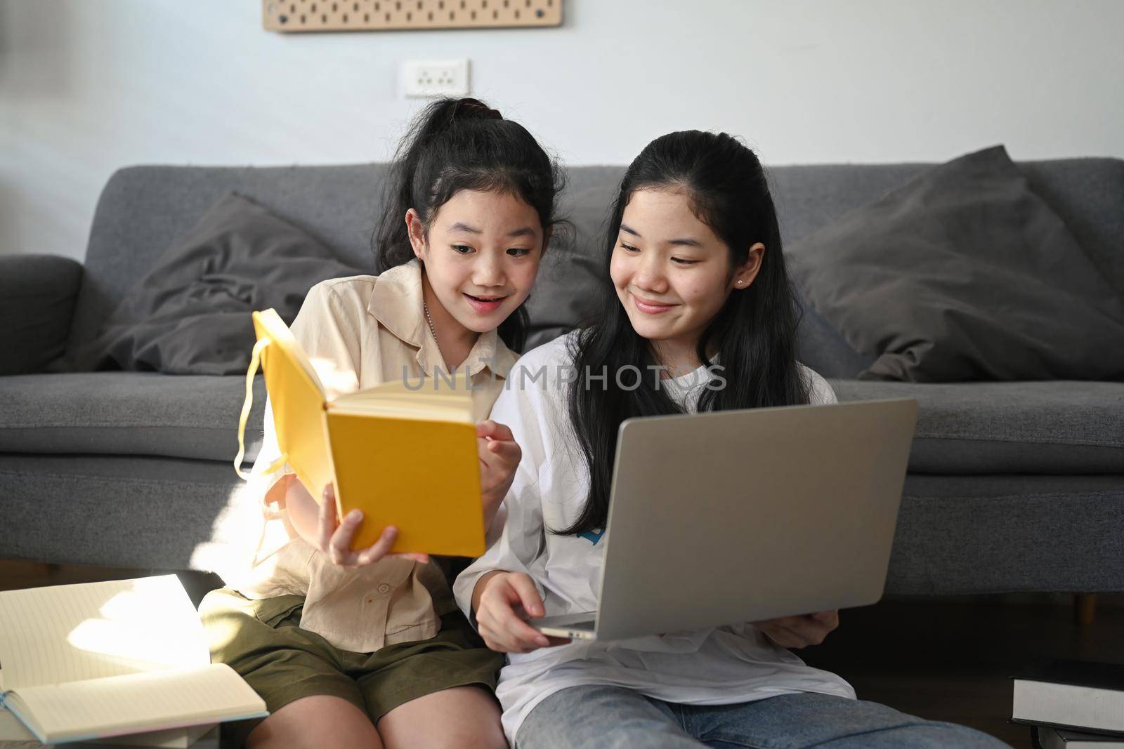 Smiling asian girl using laptop and her younger sister reading book while sitting together in living room.