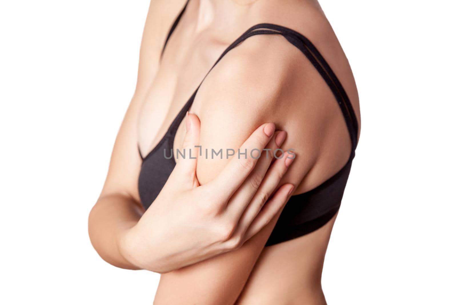 young woman with pain on her arm and shoulder on white background.