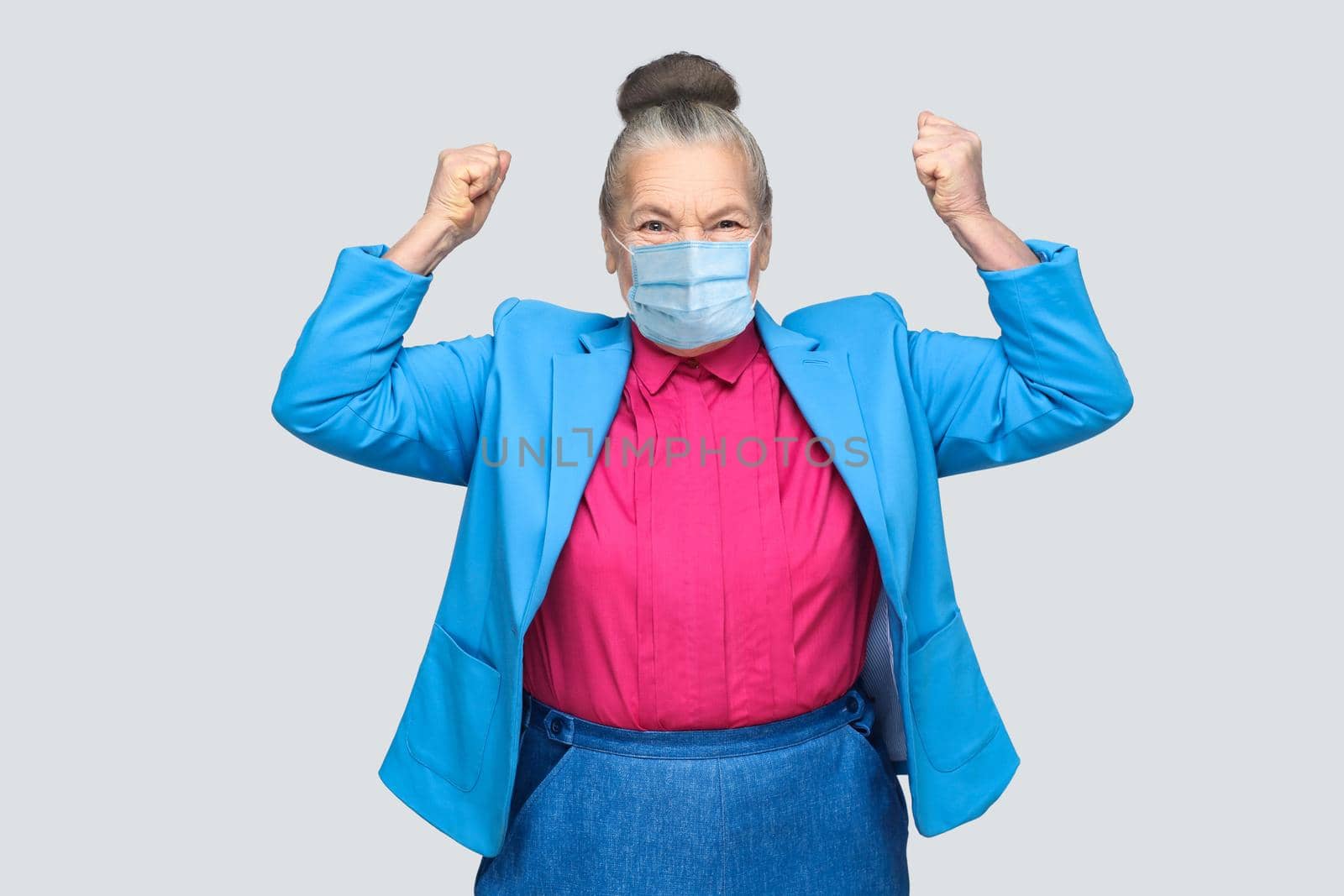 Yes! Happiness success woman with surgical medical mask rejoicing win by Khosro1