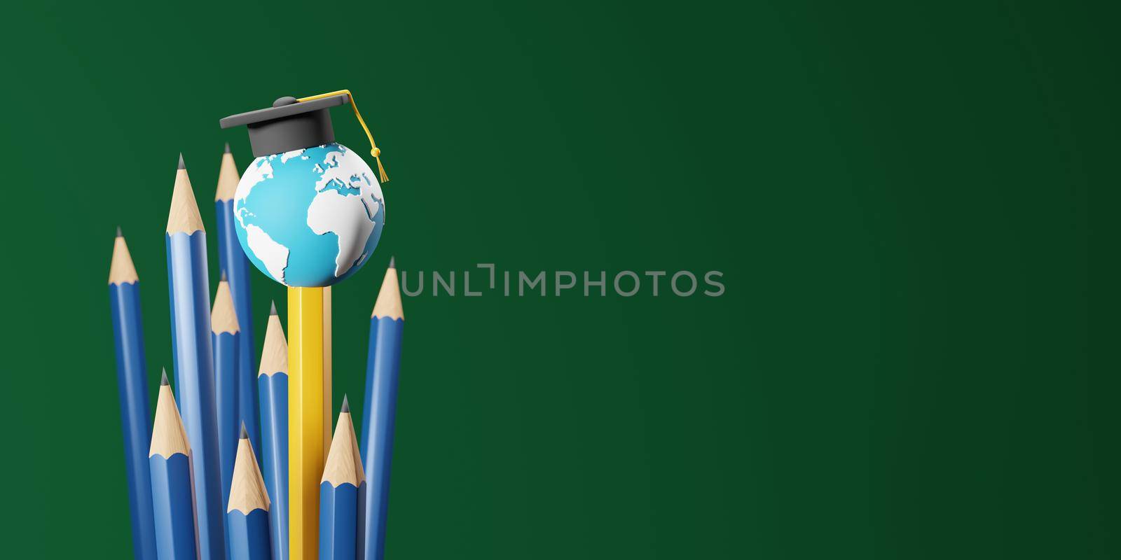 Study abroad and education concept design of yellow pencils with world and graduation cap on green background 3D render by Myimagine