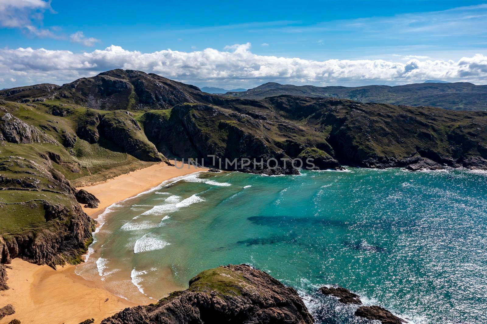 Aerial view of the Murder Hole beach, officially called Boyeghether Bay in County Donegal, Ireland.