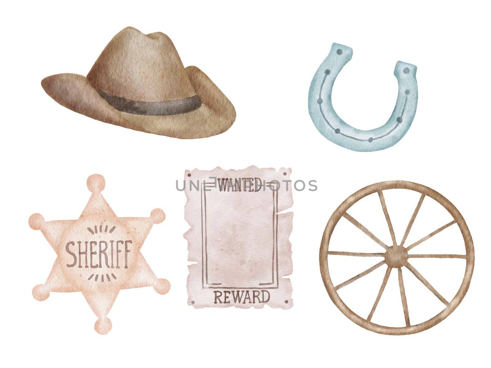 Hand drawing watercolor baby cowboy set. Wild west theme things isolated on white background. Sheriff star, poster, wheel and hat