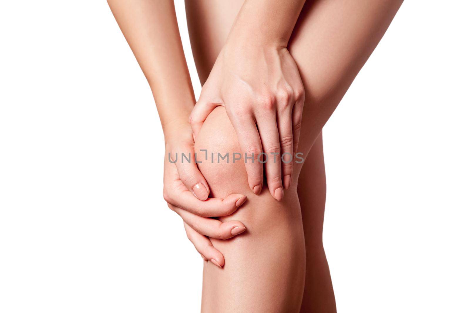 young woman with knee pain on white background. by Khosro1
