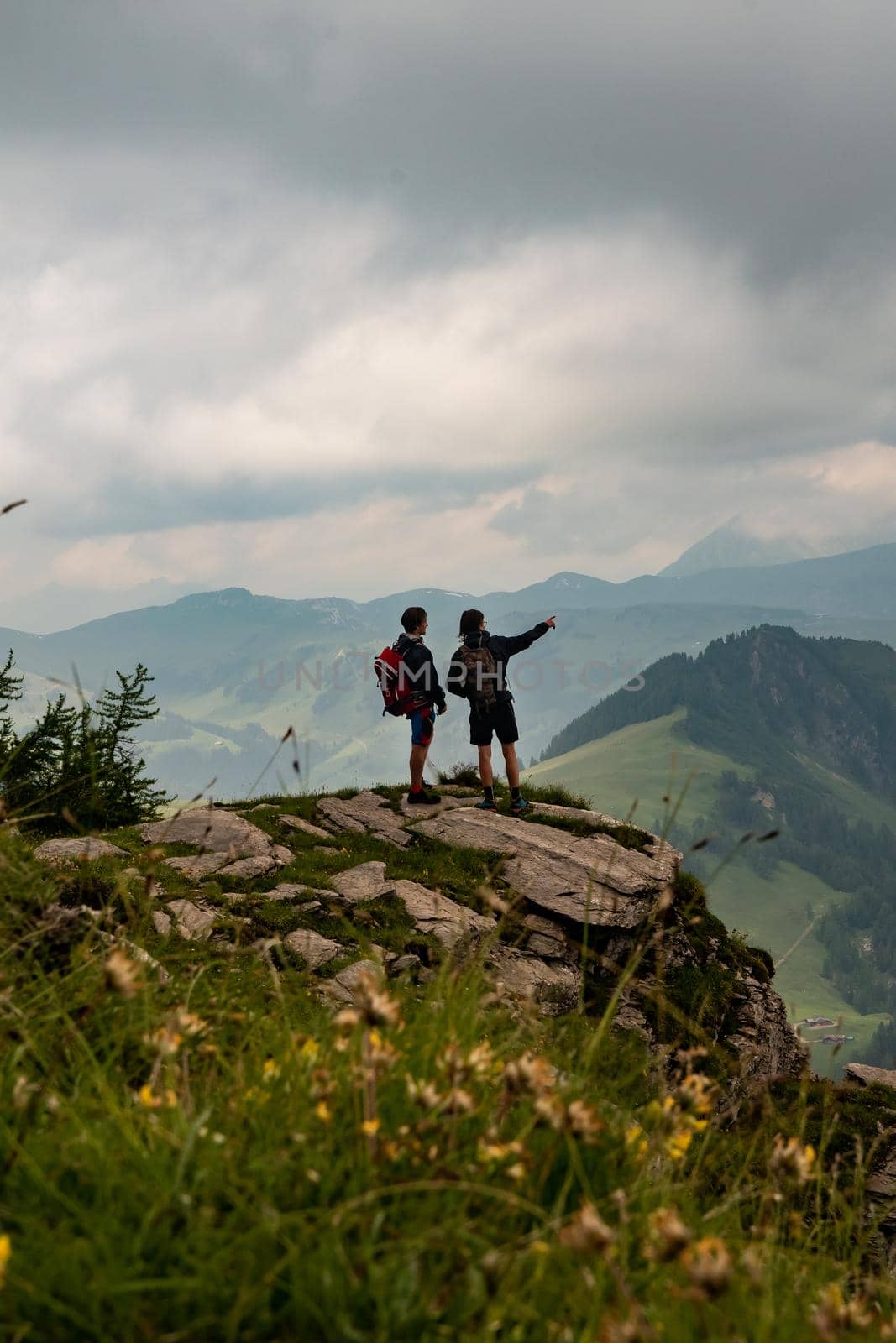 Two guys standing at the cliff of a mountain, one of them is pointing in the distance. High quality photo. Panorama over the bernese oberland in the swiss alps.
