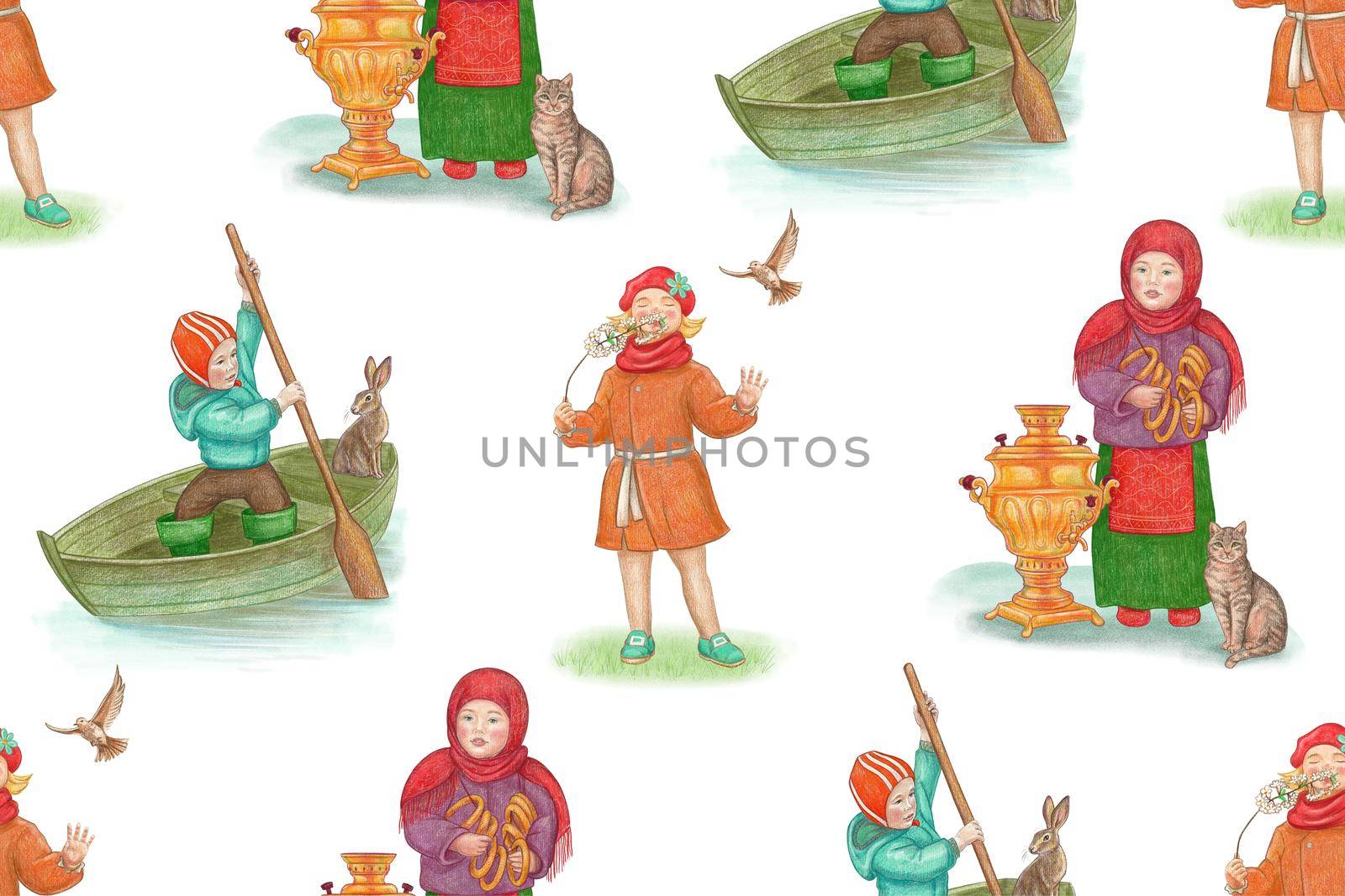 Seamless pattern. Spring. Children in various poses, swim on a boat, smell flowers, cook treats. Watercolor style on a white background.