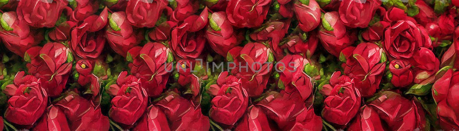 Red roses vintage oil paint watercolor style. Valentines day love web wide rose banner panorama background by yay_lmrb