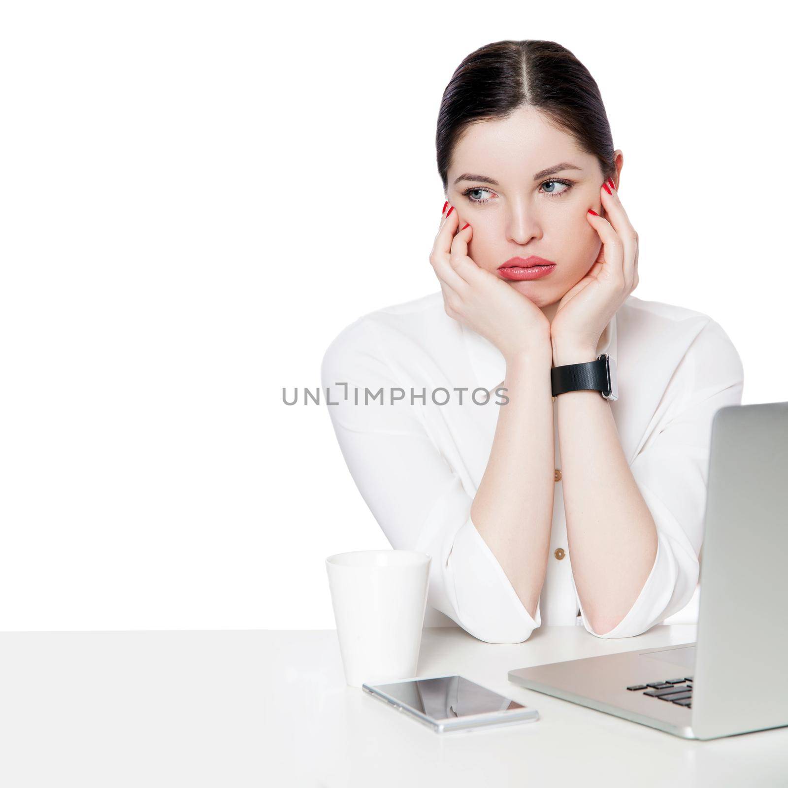 Portrait of thoughtful brunette businesswoman in white shirt sitting with laptop, touching her face, looking away, confused and thinking what to to do. by Khosro1