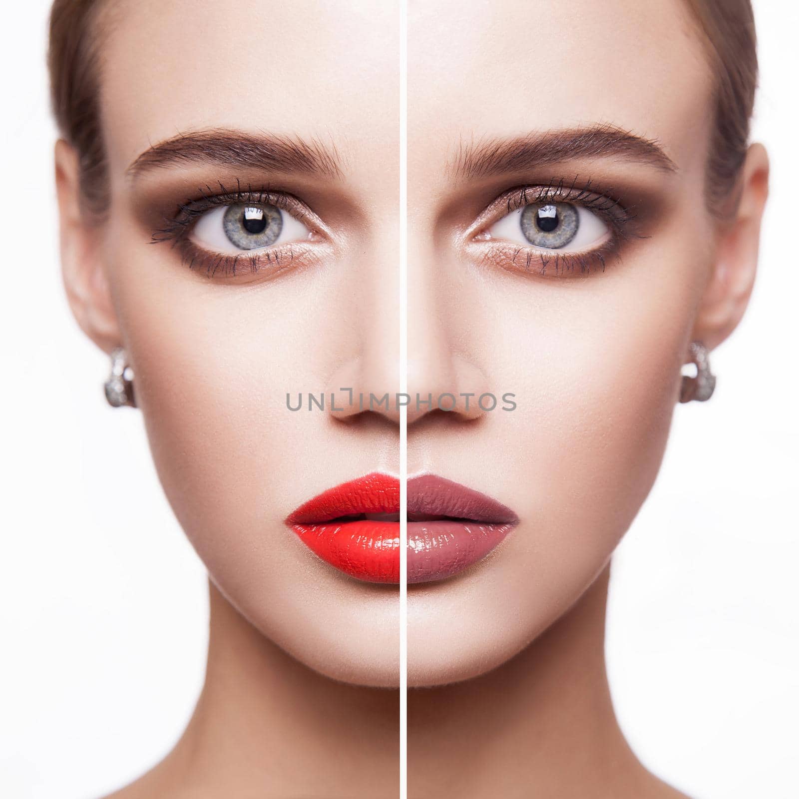 Portrait of young woman with makeup and different lips color. indoor isolated on white background.