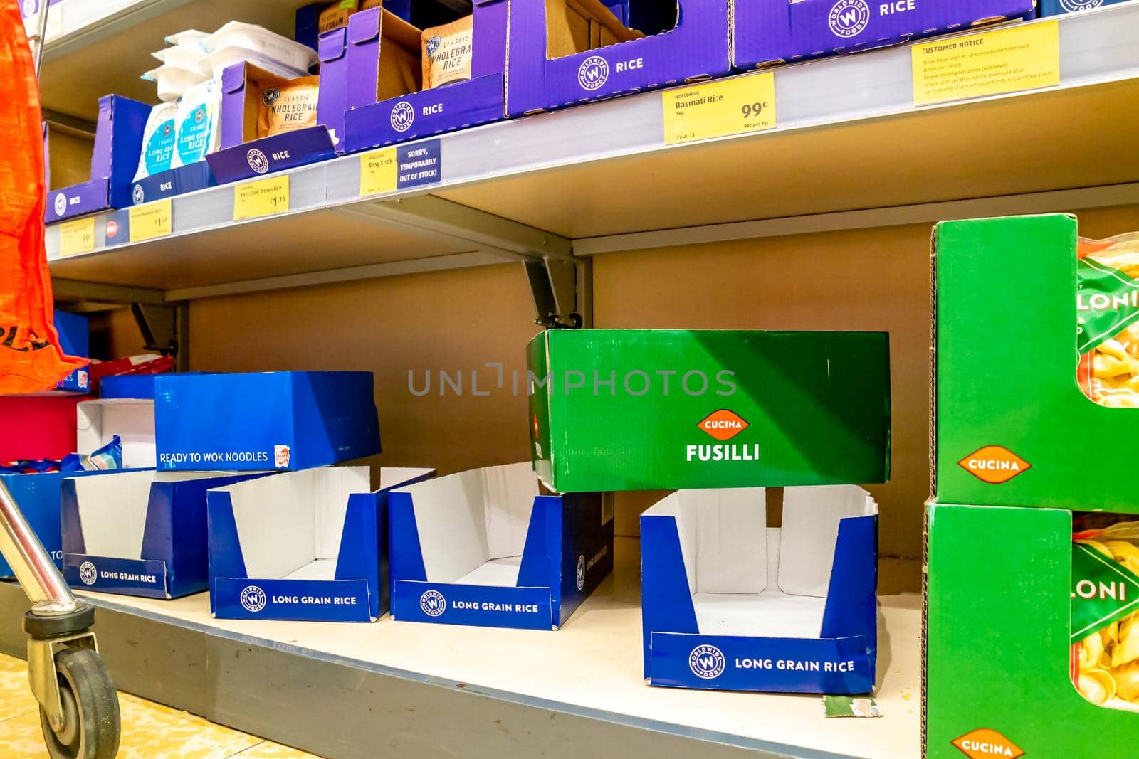 DUNGLOE / IRELAND - MARCH 17 2020 : The rice shelves are empty during the coronavirus outbreak.