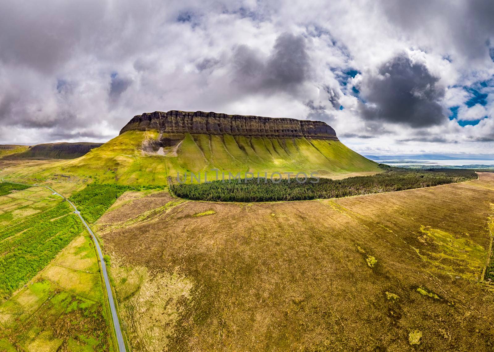 Aerial view of the mountain Benbulbin in County Sligo, Ireland.