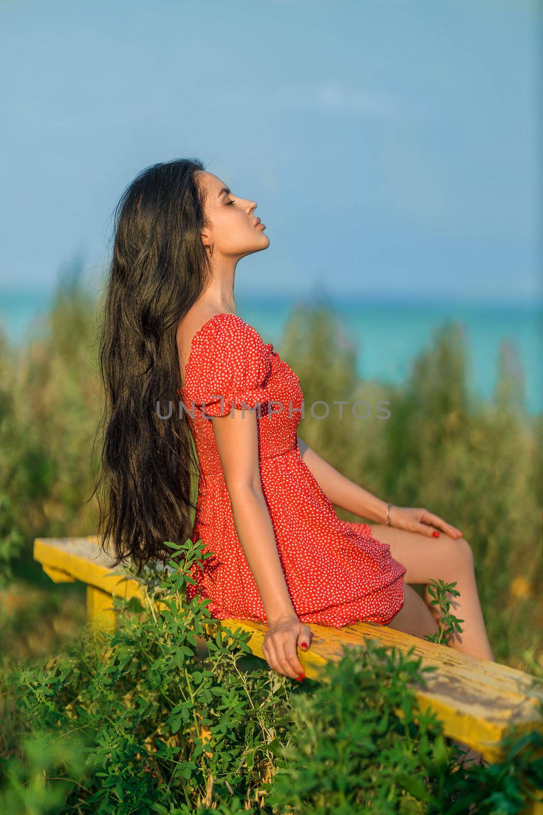 Girl in a red dress with polka dots sits on a bench overlooking the sea by but_photo