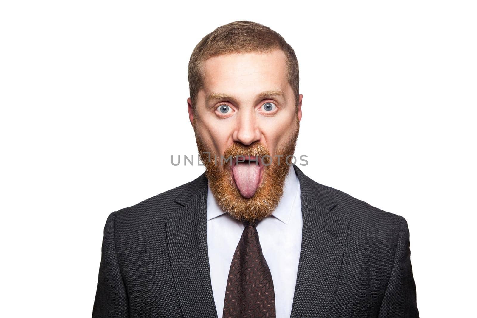 Closeup portrait of serious handsome businessman with facial beard in black suit and tie, standing and looking at camera with big eyes and tongue out. indoor studio shot isolated on white background.