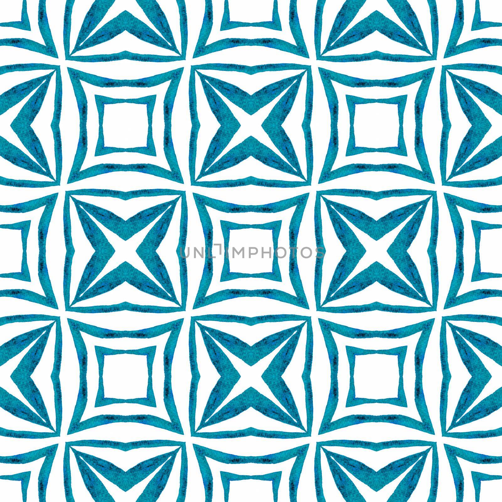Ethnic hand painted pattern. Blue attractive boho chic summer design. Watercolor summer ethnic border pattern. Textile ready ideal print, swimwear fabric, wallpaper, wrapping.