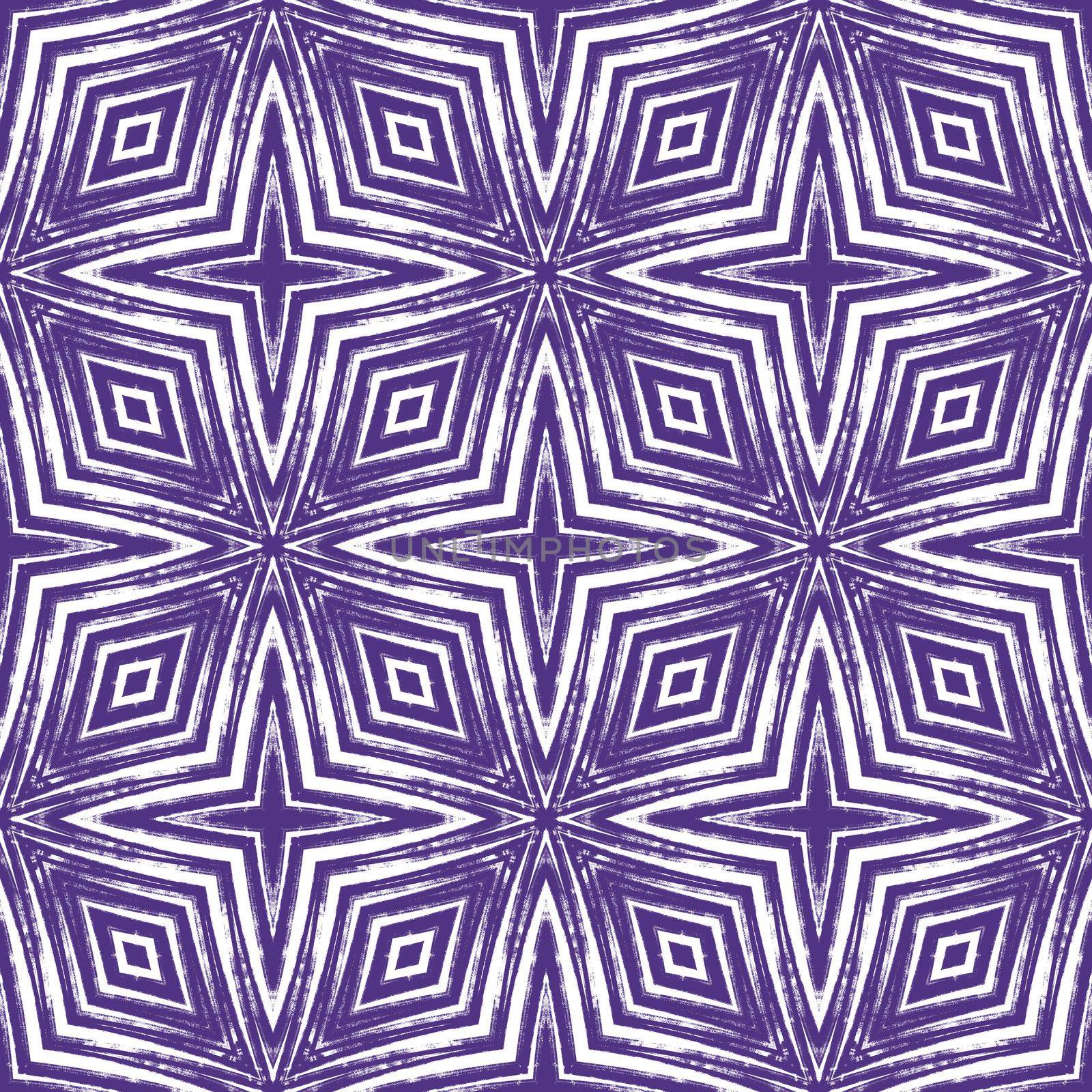 Ikat repeating swimwear design. Purple symmetrical kaleidoscope background. Summer ikat sweamwear pattern. Textile ready magnetic print, swimwear fabric, wallpaper, wrapping.