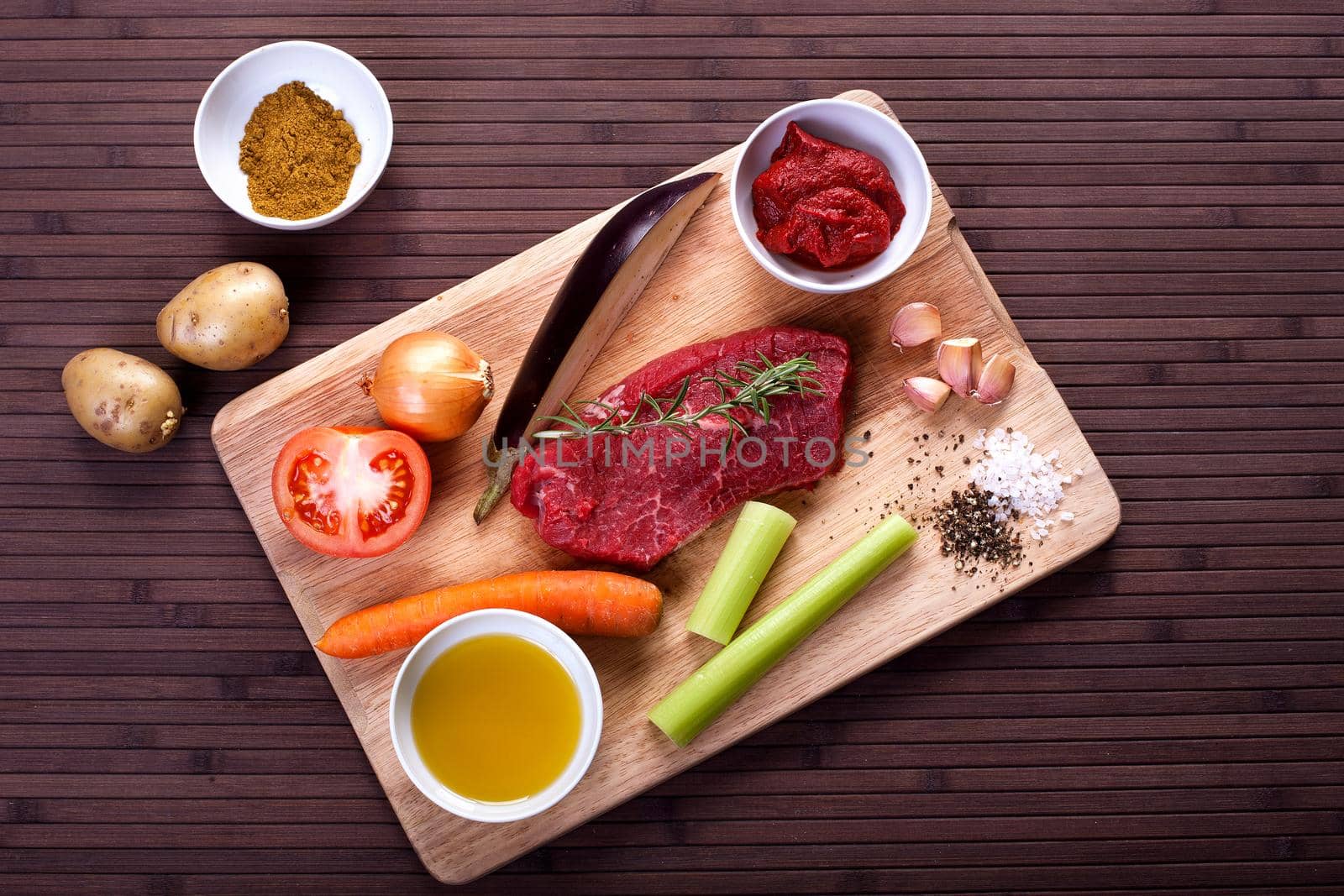 Ingredients for cooking braised veal. Stock image.