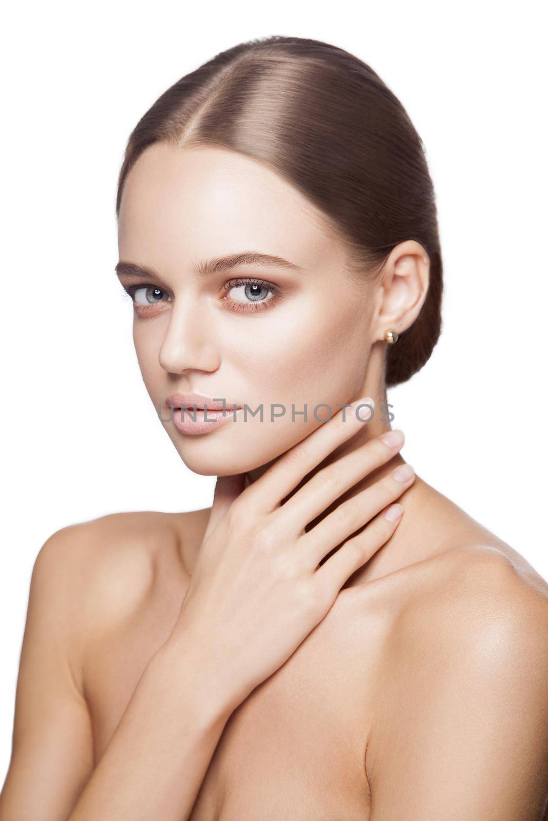 portrait of beautiful model with good skin on white background.