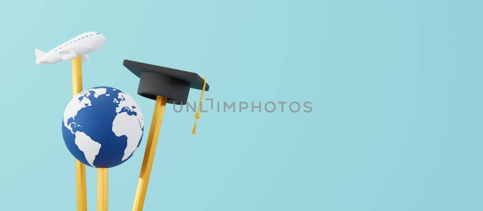 Pencils with world plane and graduation cap with copy space 3D render by Myimagine