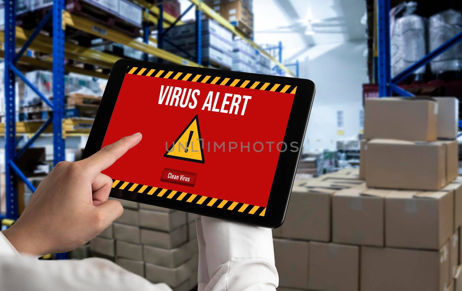 Virus warning alert on computer screen detected modish cyber threat , hacker, computer virus and malware