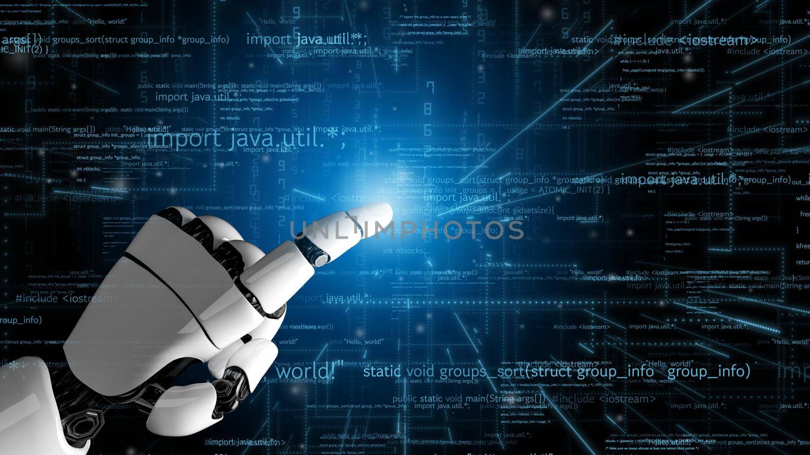 Futuristic robot artificial intelligence revolutionary AI technology development and machine learning concept. Global robotic bionic science research for future of human life. 3D rendering graphic.
