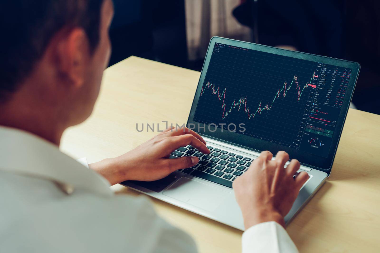 Stock market data chart analysis by ingenious computer software . Investment application display stock market chart on the computer screen and advise trading decision .