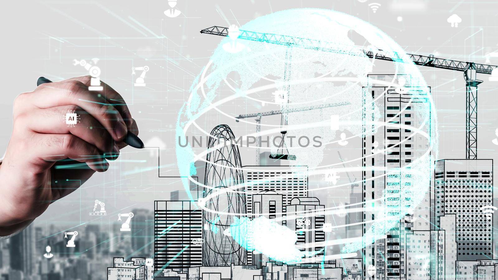 City civil planning and inventive real estate development . Architect people looking at abstract city sketch drawing to design creative future city building. Architecture dream and ambition concept.