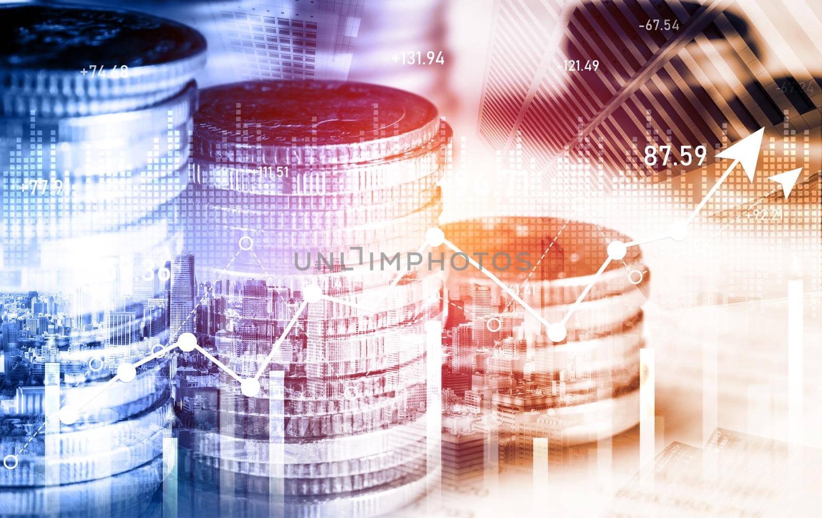 Finance and money technology background concept of business prosperity and asset management . Creative graphic show economy and financial growth by investment in valuable asset to gain wealth profit .