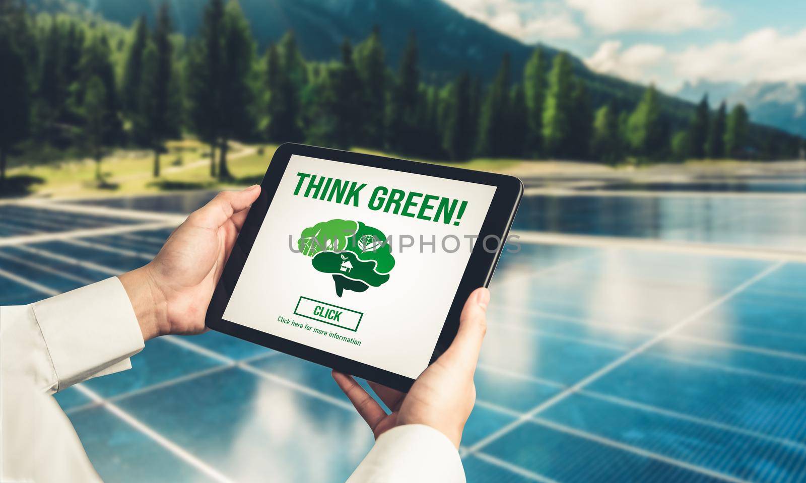 Green business transformation for environment saving and ESG business concept. Businessman using tablet to set corporate goal toward environmental friendly management and alternative clean energy use.
