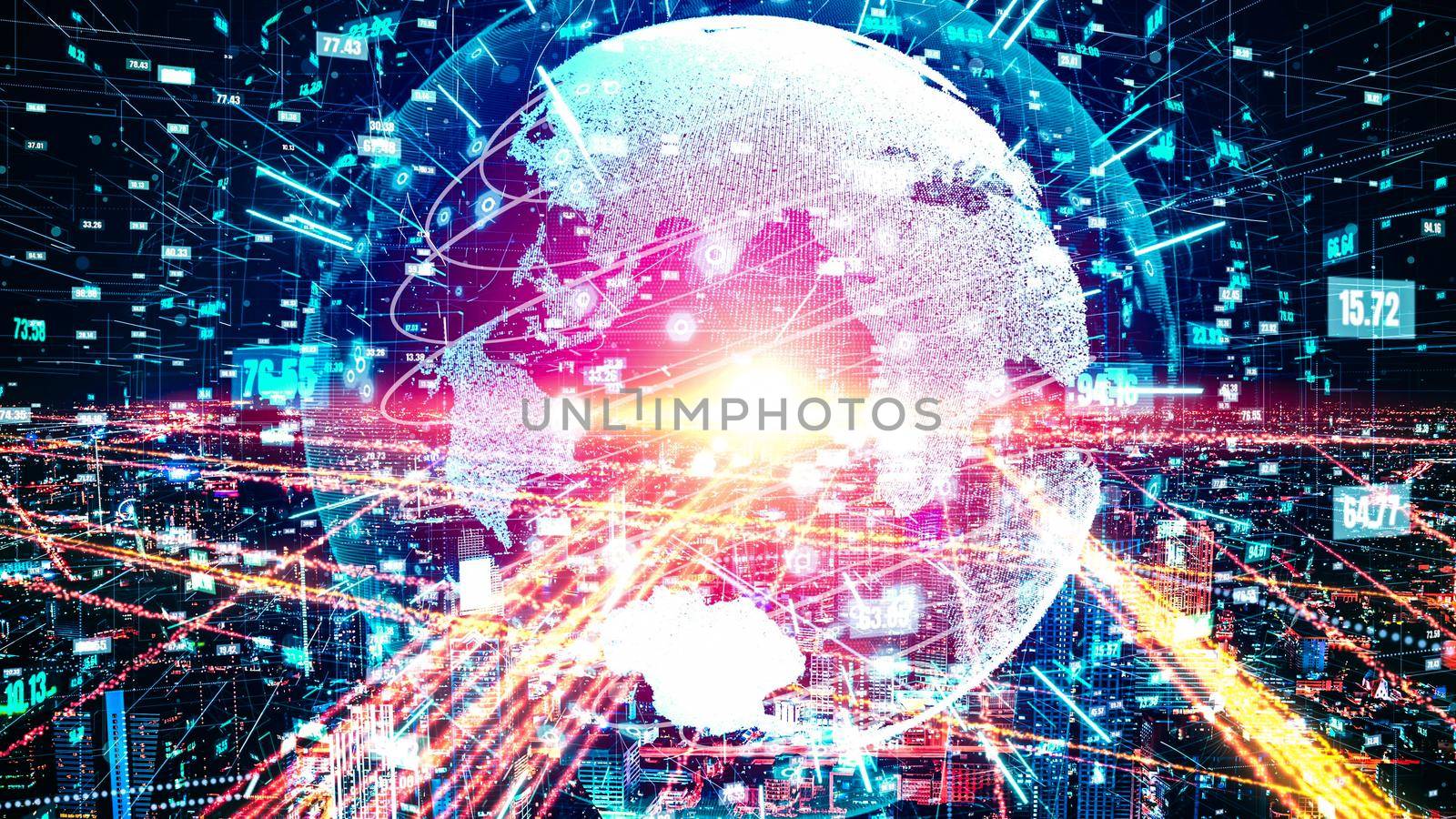 Futuristic global network and tacit digital data transfer 3D graphic . Concept of smart digital transformation and technology disruption that changes global trends in new information era .